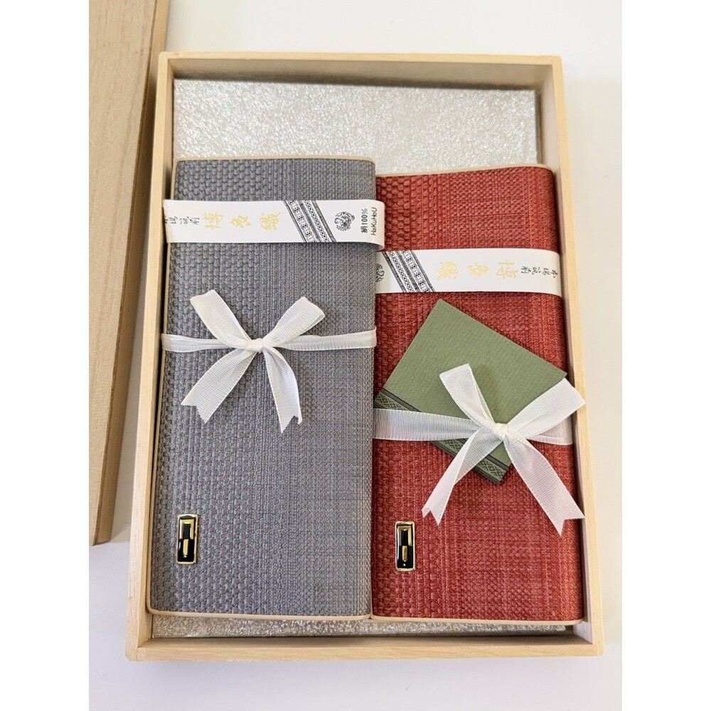 Vintage Japanese Hakata-ori 100% Textile Wallet Set 2pc Wood Box Fukuoka Japan